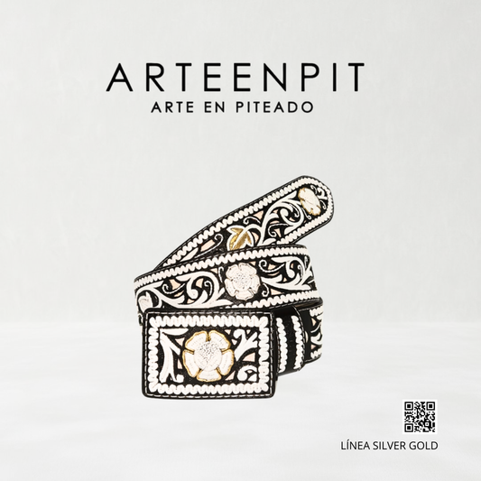 Cinturón Artesanal Piteado - Modelo Rosácea Silver Gold