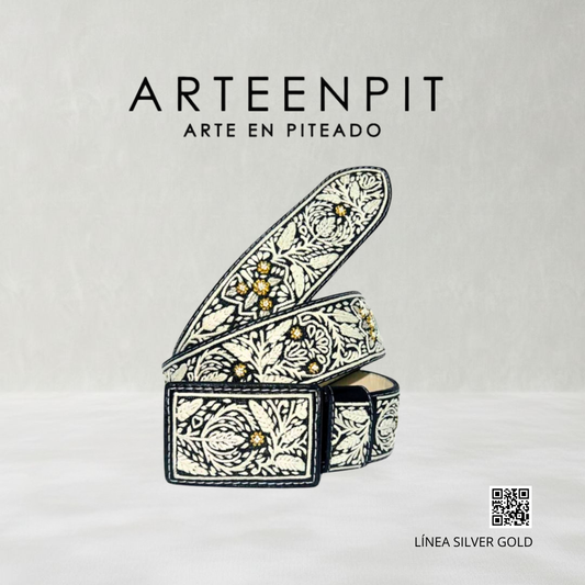 Cinturón Artesanal Piteado - Modelo Hoja Estampada silver Gold