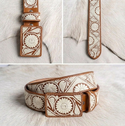 Piteado Handmade Belt - Pirámides model with sunflowers